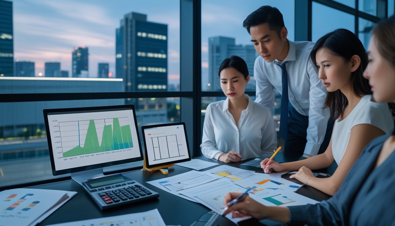 Tim analis dewasa mempelajari grafik dan data abstrak di ruang kerja modern dengan latar kota Bangkok.