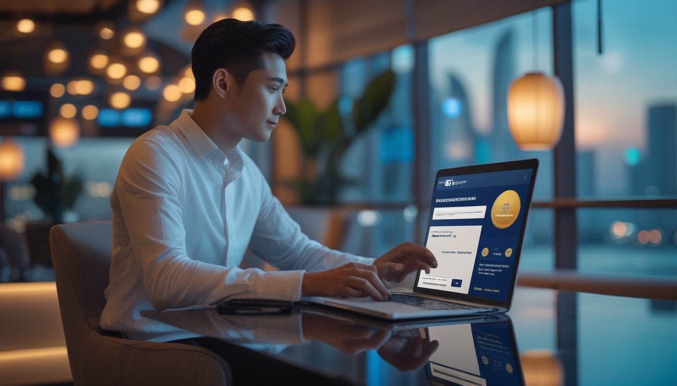 Seorang profesional muda menggunakan laptop dan ponsel di lounge modern dengan pemandangan kota Bangkok.