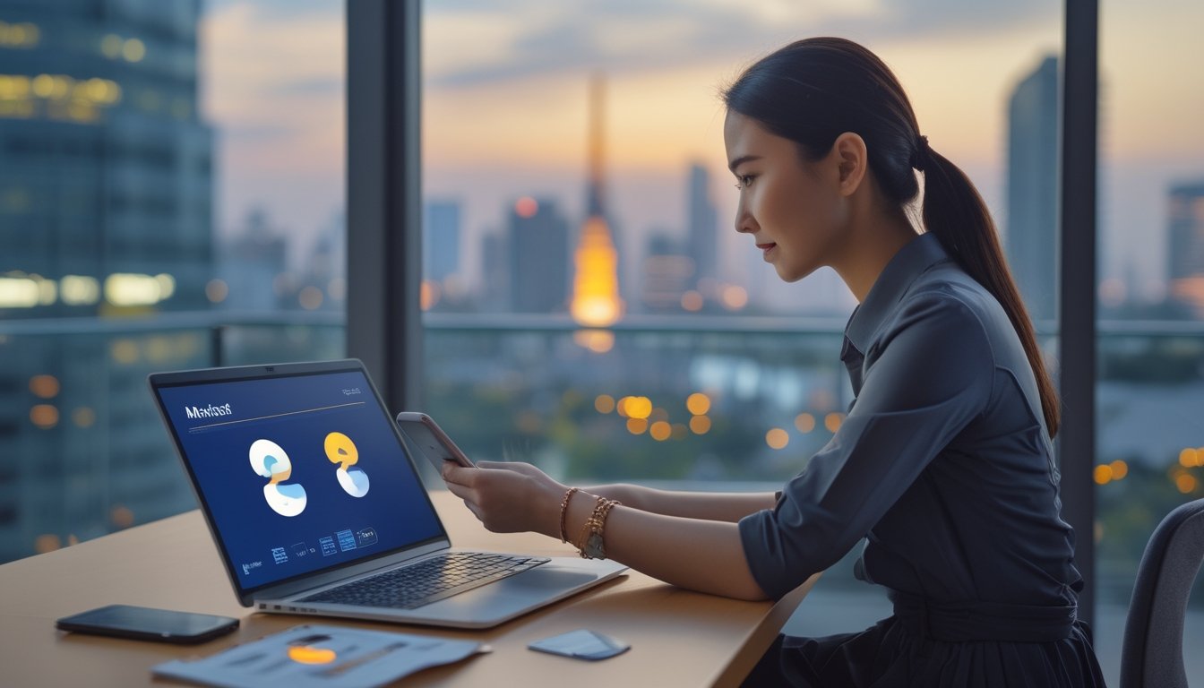 Seorang analis profesional meninjau data digital di ruang kerja modern dengan pemandangan kota Bangkok.