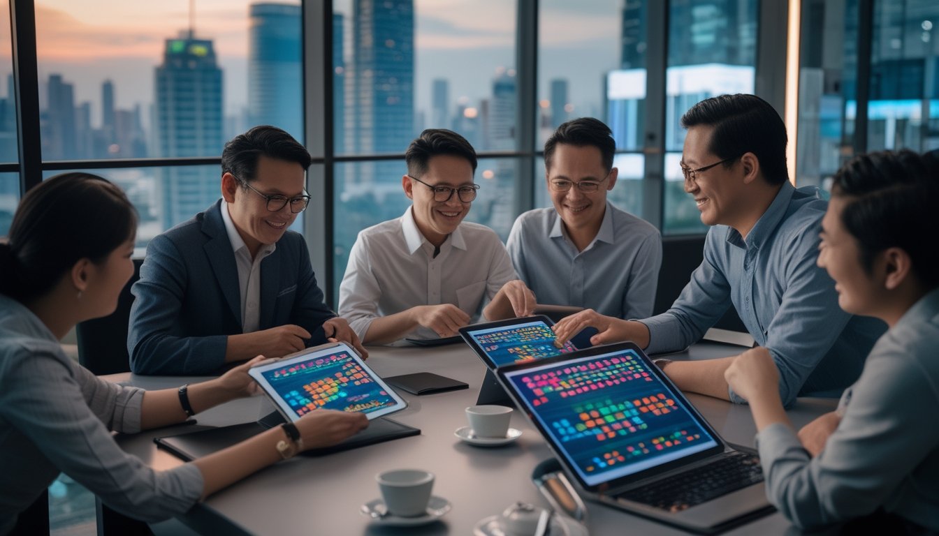 Sekelompok orang dewasa berdiskusi sambil melihat grafik abstrak di perangkat digital dengan latar kota Bangkok.