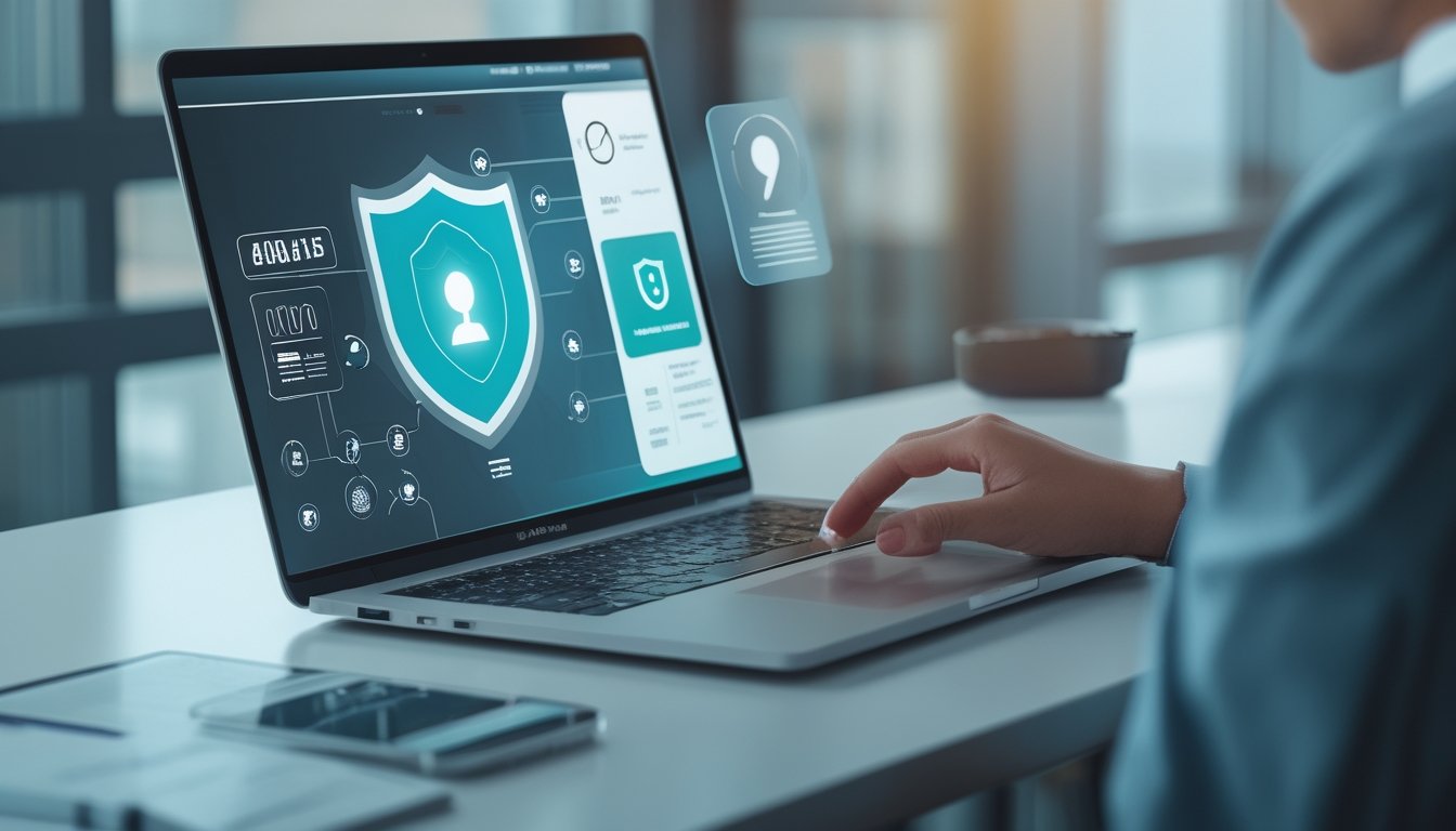 Seseorang menggunakan laptop dan ponsel dengan simbol perisai serta gembok yang melambangkan keamanan transaksi digital.