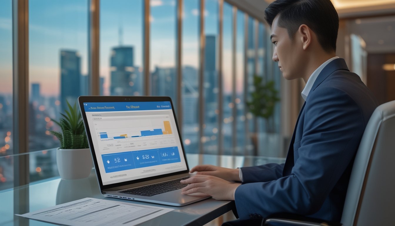 Analis memeriksa data pasar Bangkok menggunakan laptop di ruang kerja modern.