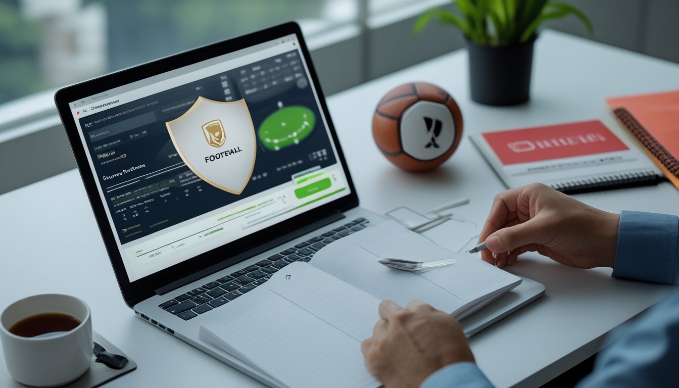 Meja kerja modern dengan laptop berisi analisis sepak bola, ponsel, bola, dan catatan perbandingan keamanan.