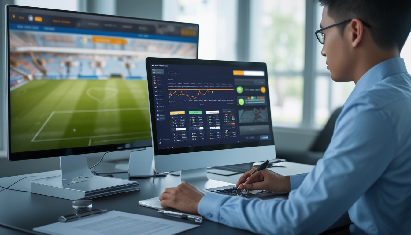 Seorang analis menilai keamanan platform olahraga digital di meja kerja dengan laptop, dokumen kosong, dan simbol perlindungan.