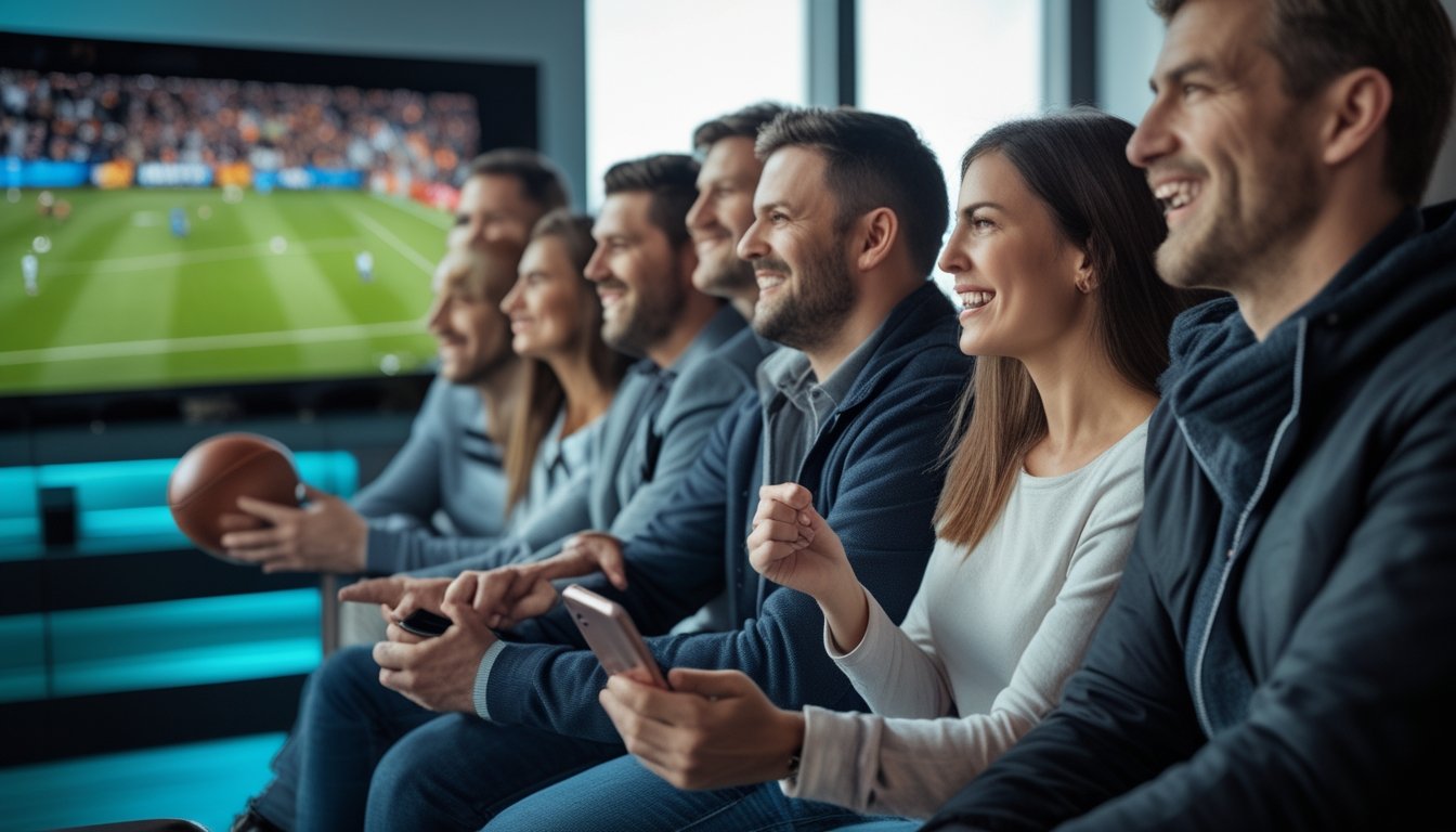 Sekelompok penggemar sepak bola menyaksikan pertandingan sambil menggunakan ponsel di ruang santai modern.