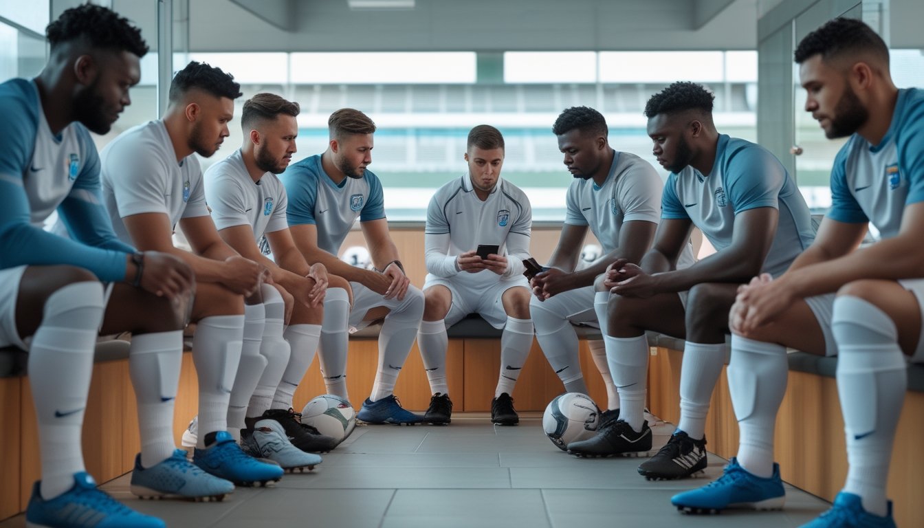 Sekelompok pemain sepak bola berdiskusi sambil melihat perangkat digital di ruang ganti modern.