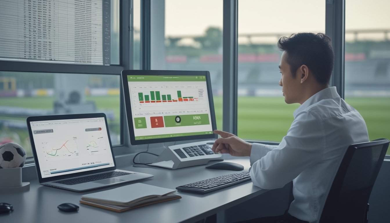 Seorang pria menganalisis statistik pertandingan sepak bola di meja kerja dengan laptop, ponsel, kalkulator, dan bola sepak.
