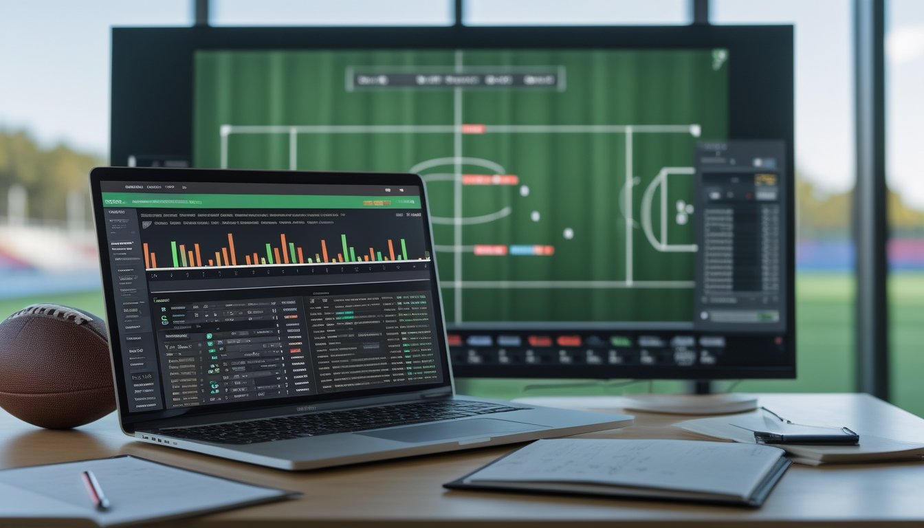 Meja analisis sepak bola dengan laptop berisi grafik pertandingan, bola, kalkulator, dan buku catatan kosong.