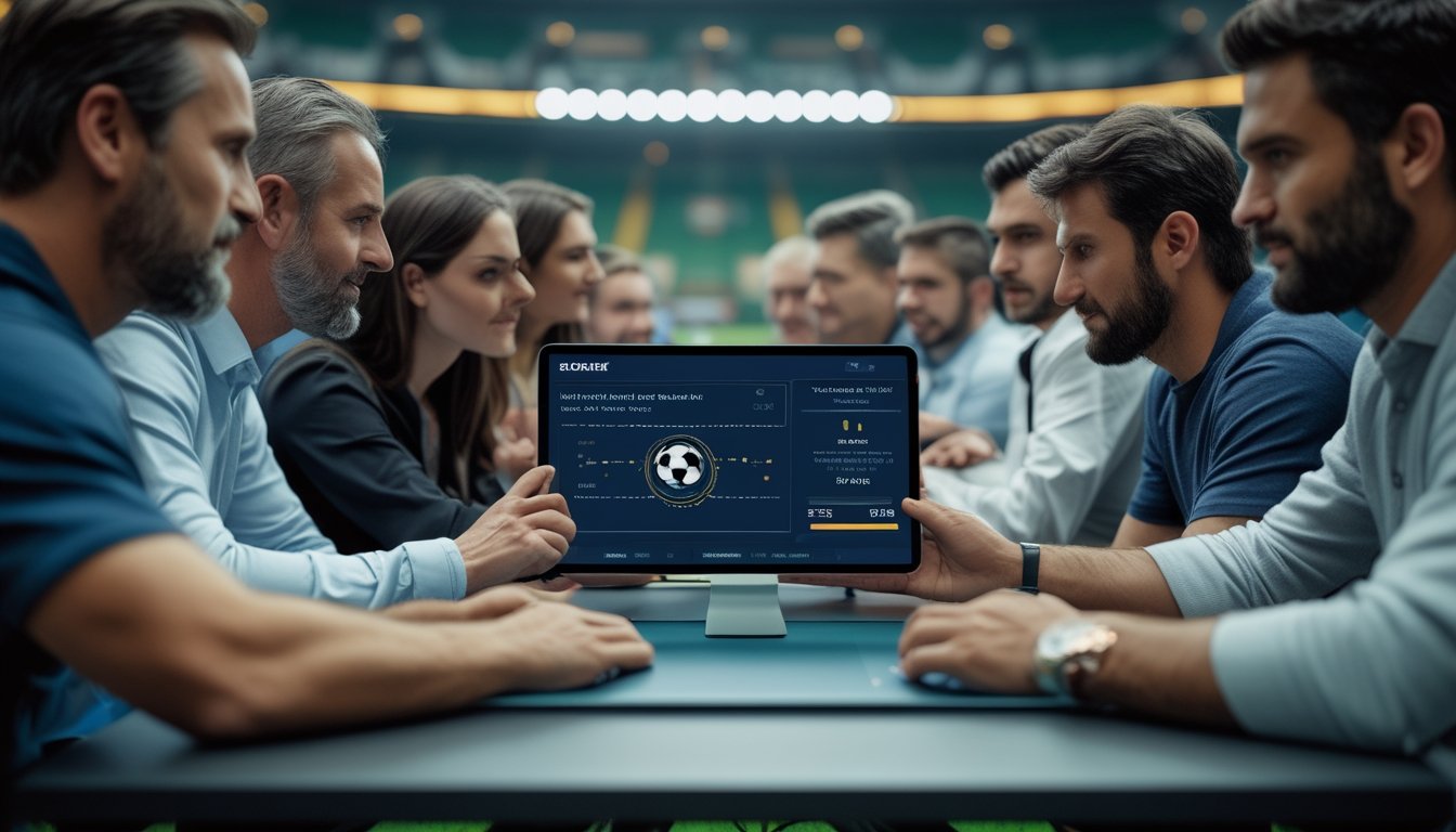 Sekelompok penggemar sepak bola dewasa melihat analisis pertandingan pada ponsel dan tablet di dekat stadion.