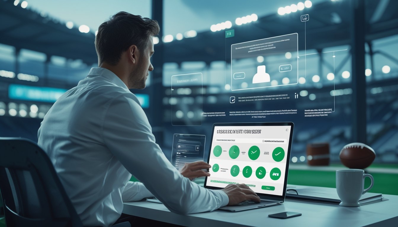 Penggemar sepak bola membandingkan platform digital yang aman di depan laptop dengan latar stadion.