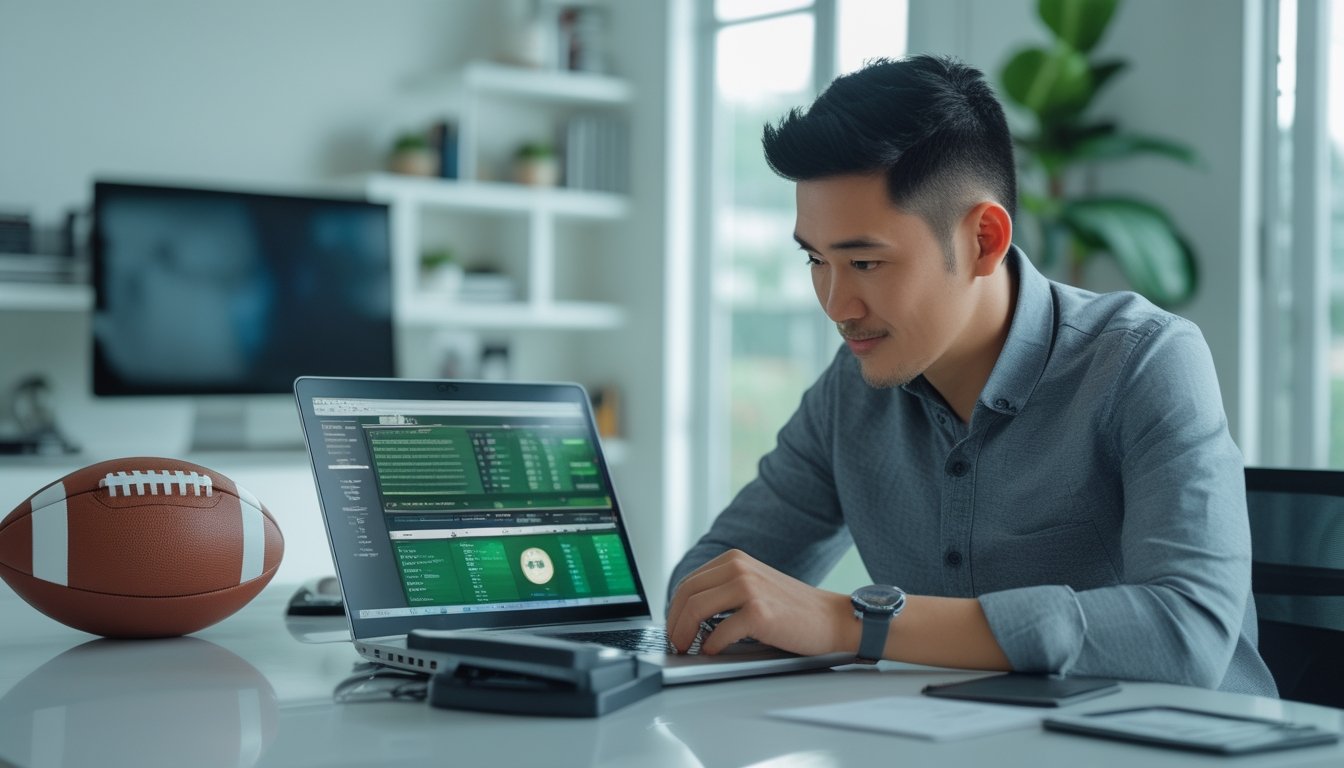 Seorang penggemar sepak bola dewasa menganalisis statistik pertandingan di laptop dalam ruang kerja modern.