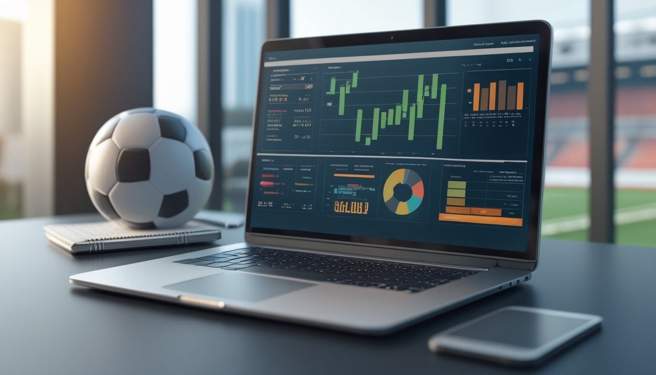 Seorang analis dewasa mempelajari data pertandingan sepak bola di meja kerja dengan bola sepak dan laptop.
