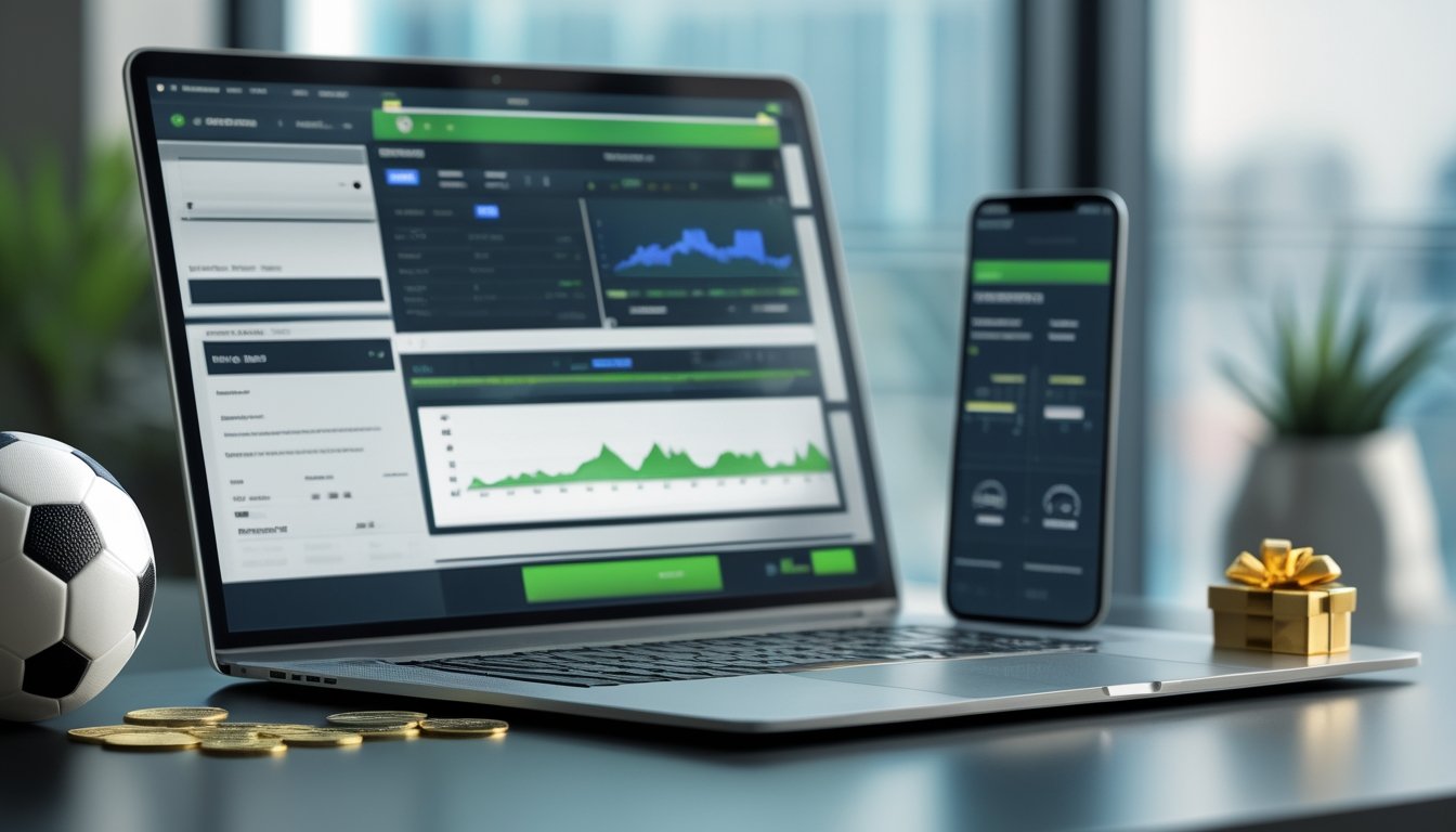 Meja kerja modern dengan laptop berisi analisis pertandingan sepak bola, ponsel, bola sepak, dan elemen promosi tanpa tulisan.