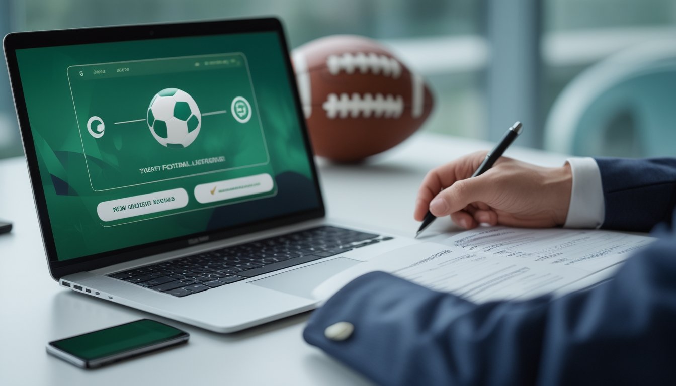 Meja kerja modern dengan laptop, ponsel, bola sepak, buku catatan, dan kalkulator untuk membandingkan platform taruhan bola.