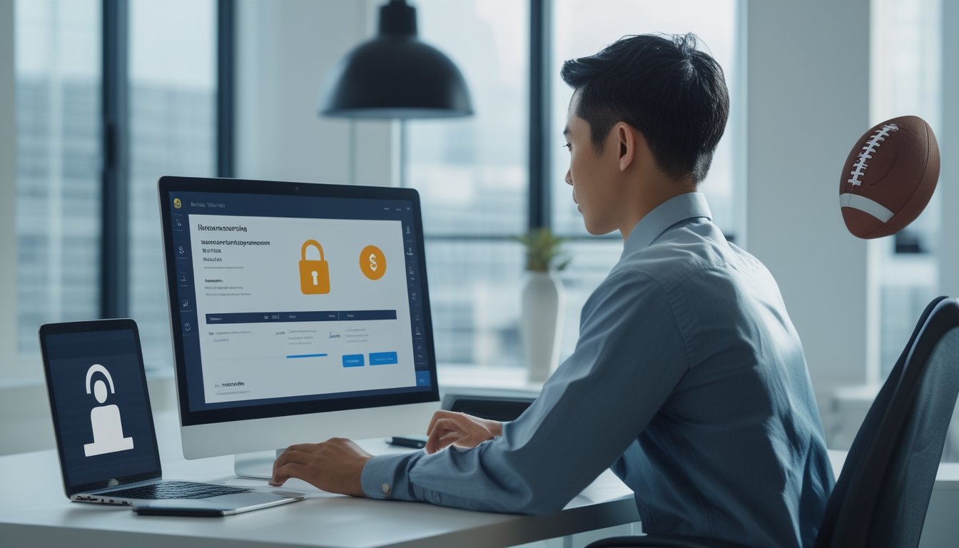 Orang dewasa memeriksa transaksi digital yang aman di laptop dan ponsel dengan simbol perlindungan data.