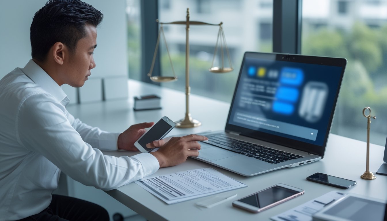 Seseorang memeriksa keamanan dan legalitas transaksi daring di meja kerja dengan laptop dan dokumen.