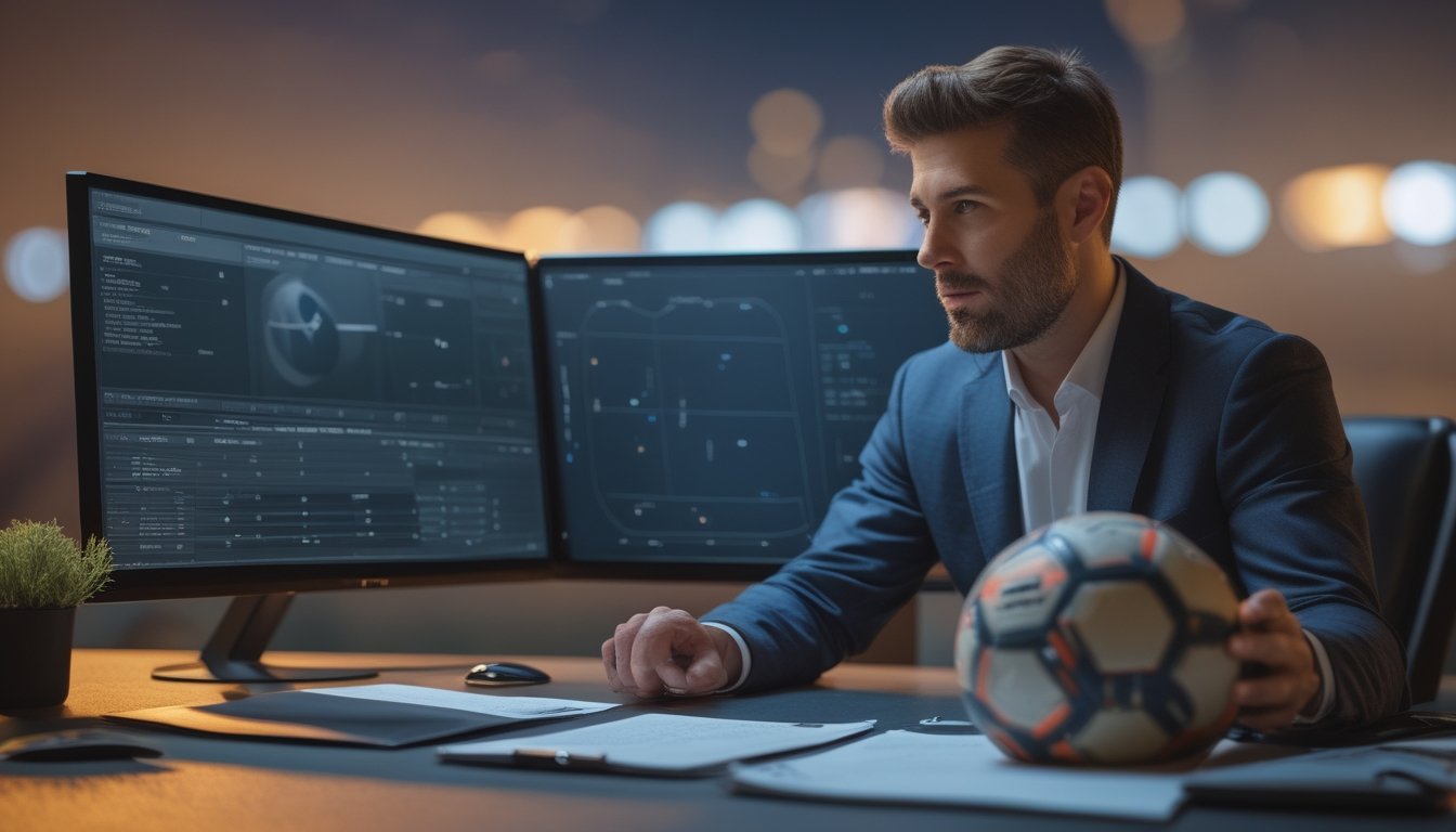 Seorang analis sepak bola mempelajari statistik pertandingan di meja dengan bola dan papan taktik.