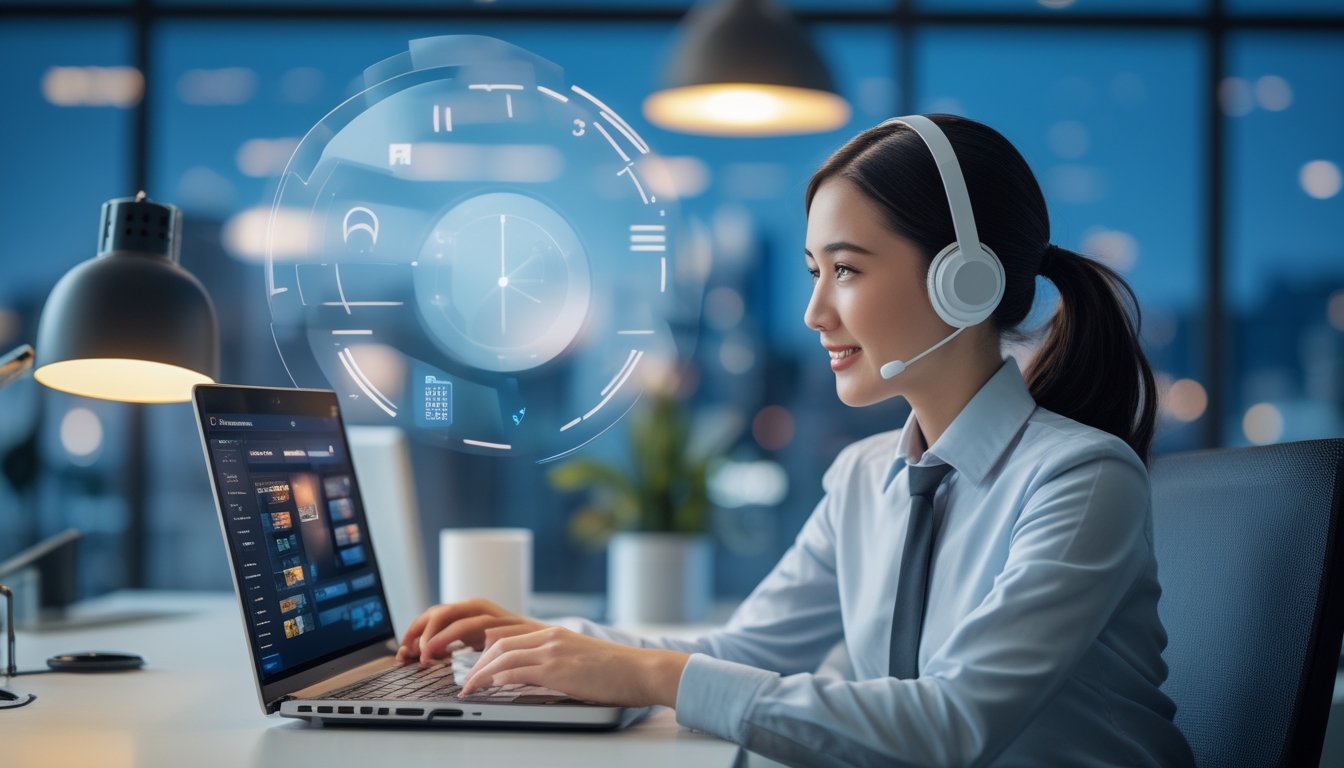 Agen layanan pelanggan memakai headset membantu pengguna melalui laptop di pusat dukungan modern.