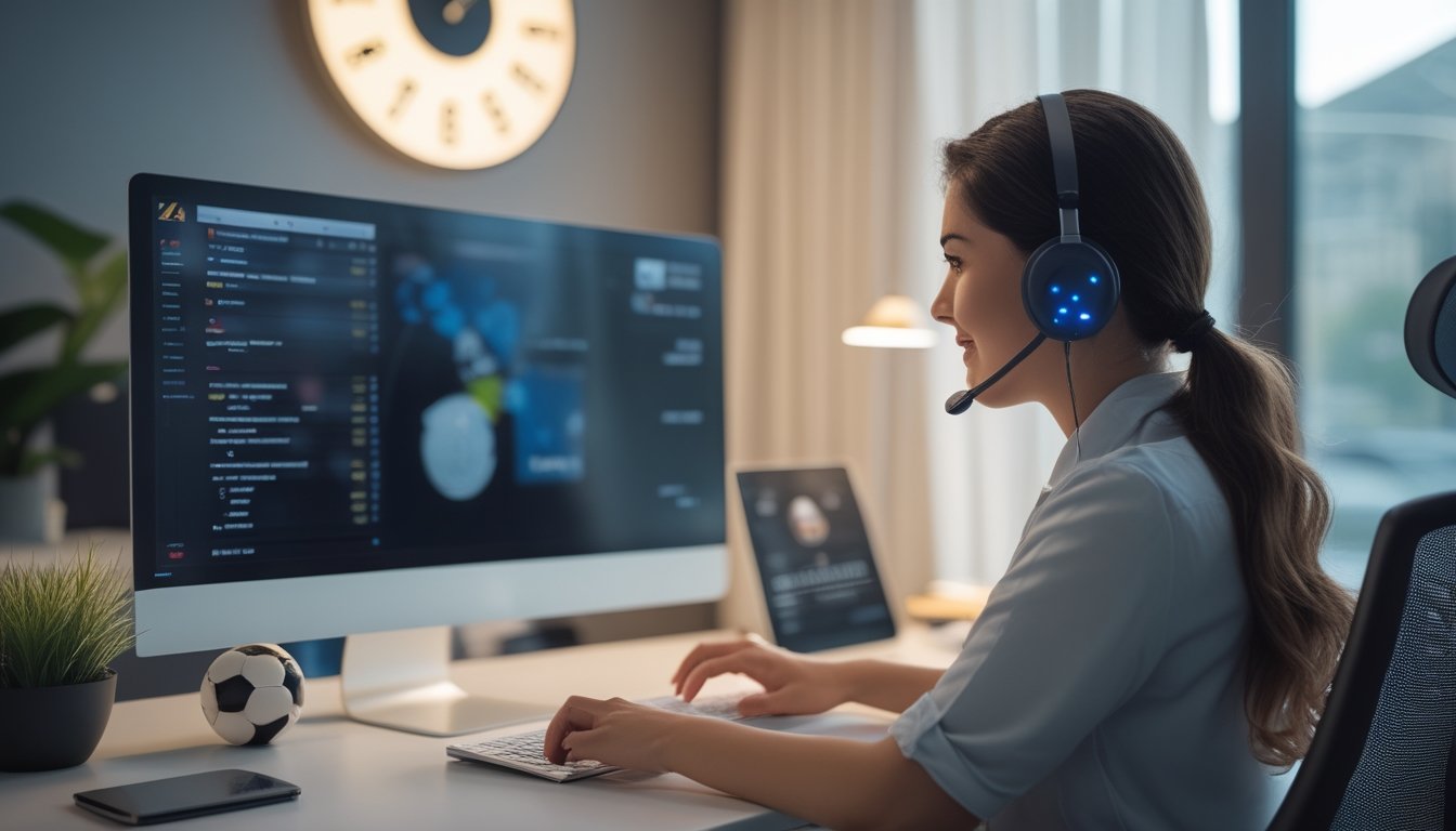 A customer support agent membantu pelanggan melalui live chat di ruang kerja modern dengan elemen yang menunjukkan layanan sepanjang waktu.