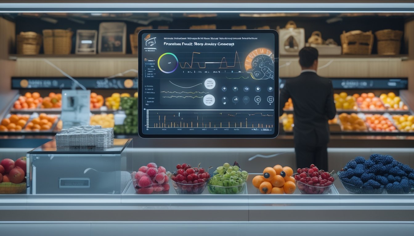 Seorang analis meninjau grafik abstrak di tablet di dalam toko buah dengan rak berisi berbagai buah segar.