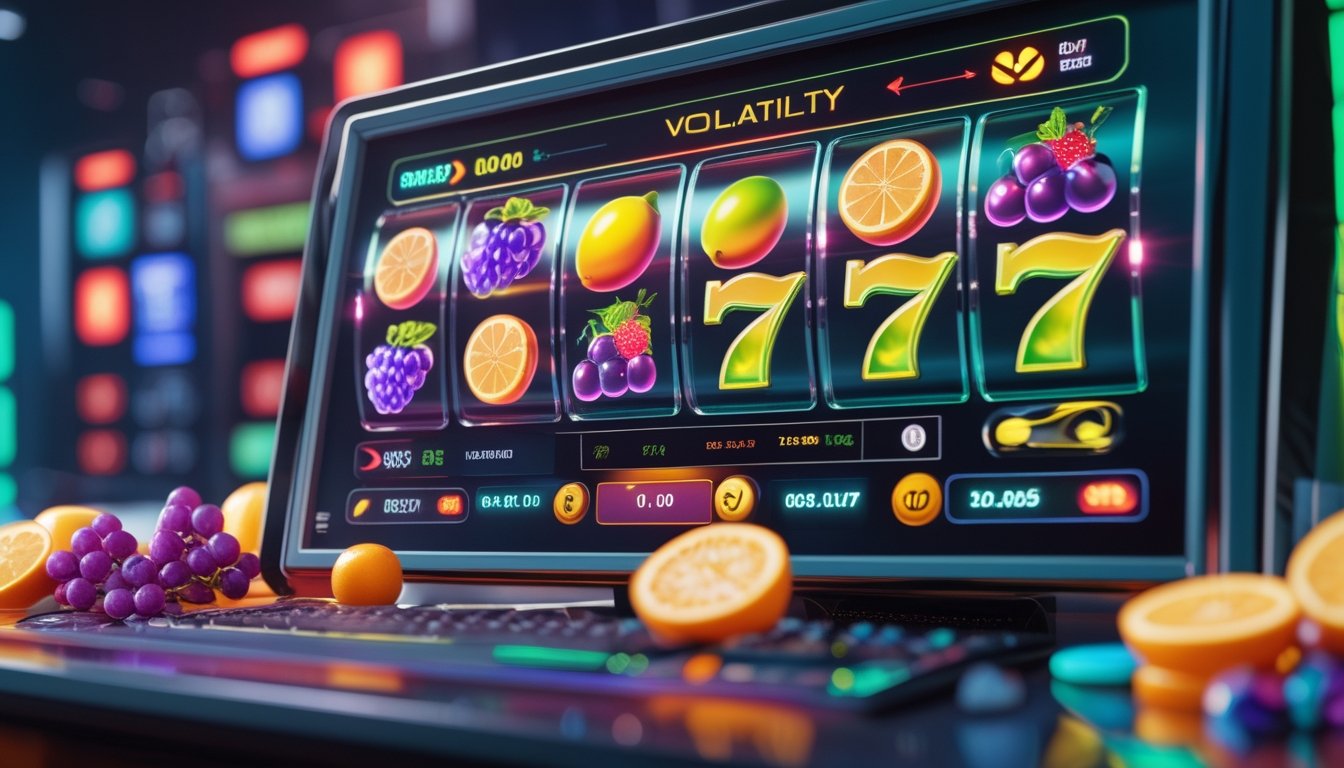 Tampilan permainan slot bertema buah dengan simbol buah berwarna-warni, efek pengganda, dan animasi kemenangan.