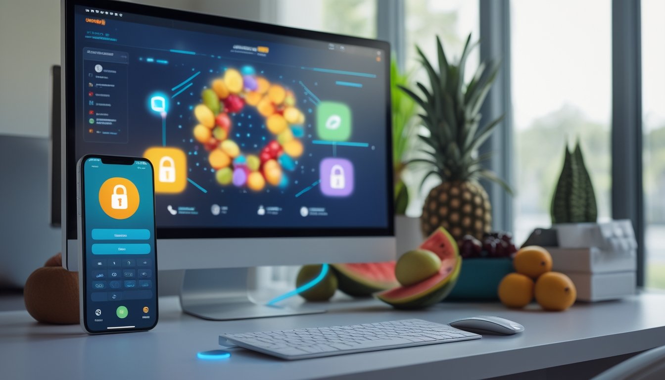 Komputer dan ponsel menampilkan antarmuka digital aman dengan hiasan berbagai buah di atas meja.