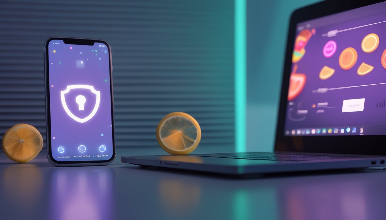 Ponsel dan laptop di meja modern dengan simbol perisai keamanan serta tampilan visual buah berwarna-warni.