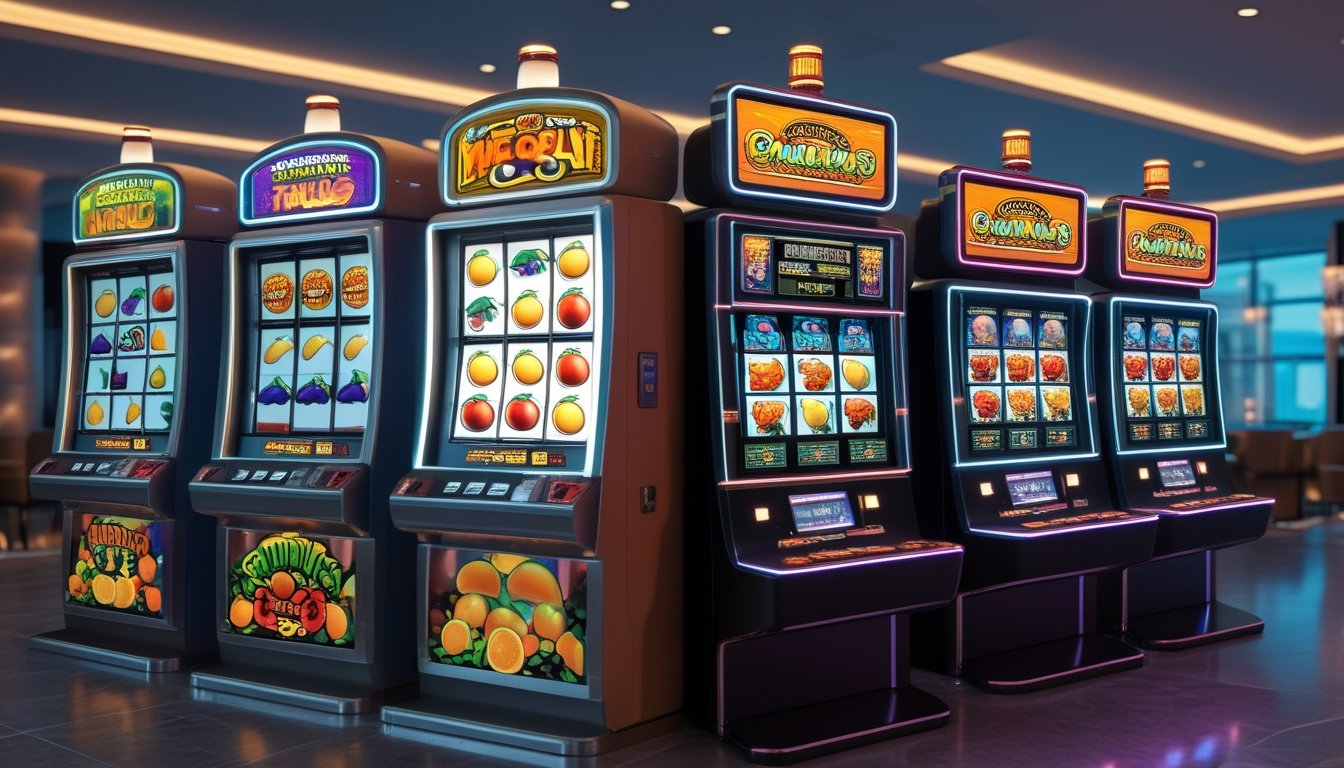 Dua mesin slot bertema buah ditampilkan berdampingan, satu bergaya klasik dan satu bergaya modern dengan susunan gulungan yang lebih luas.