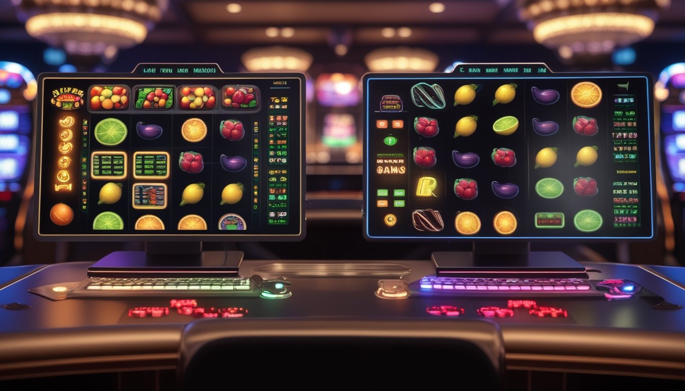 Tampilan perbandingan permainan slot buah klasik dan versi modern dengan susunan gulungan yang berbeda.