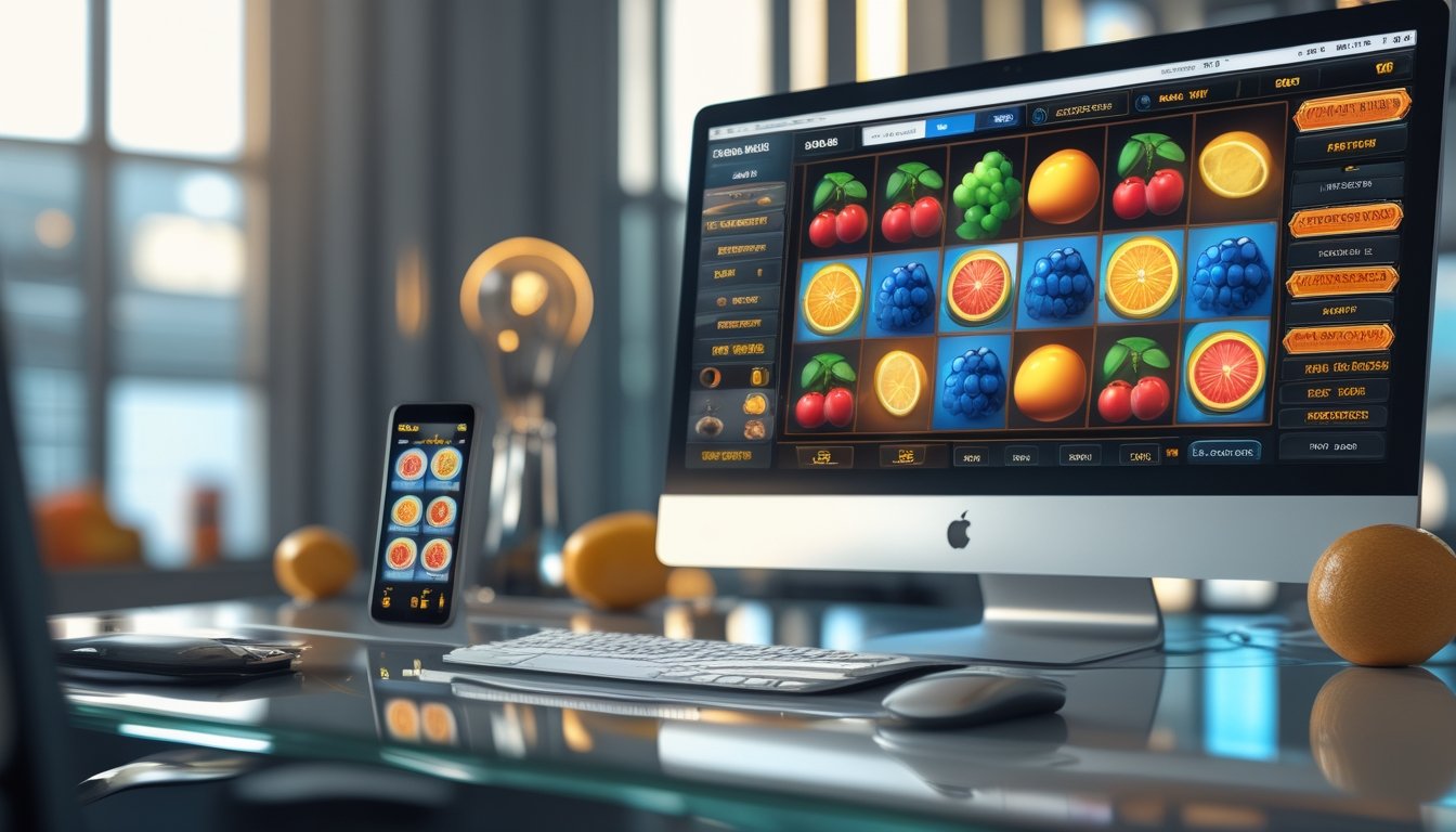 Meja kerja modern dengan monitor dan ponsel yang menampilkan visual permainan bertema buah berwarna-warni.