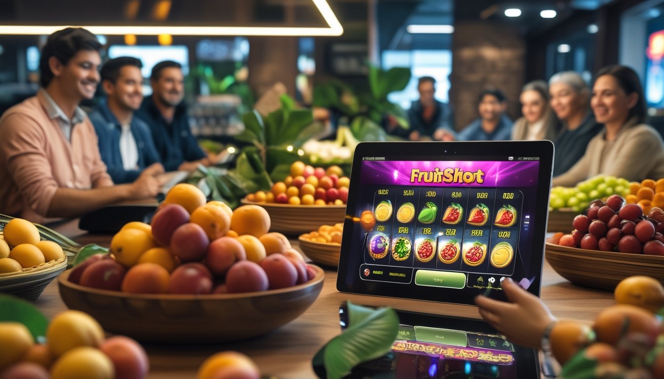 Pemain dewasa menikmati permainan bertema buah di dalam toko buah modern dengan layar perangkat yang menampilkan simbol buah berwarna-warni.