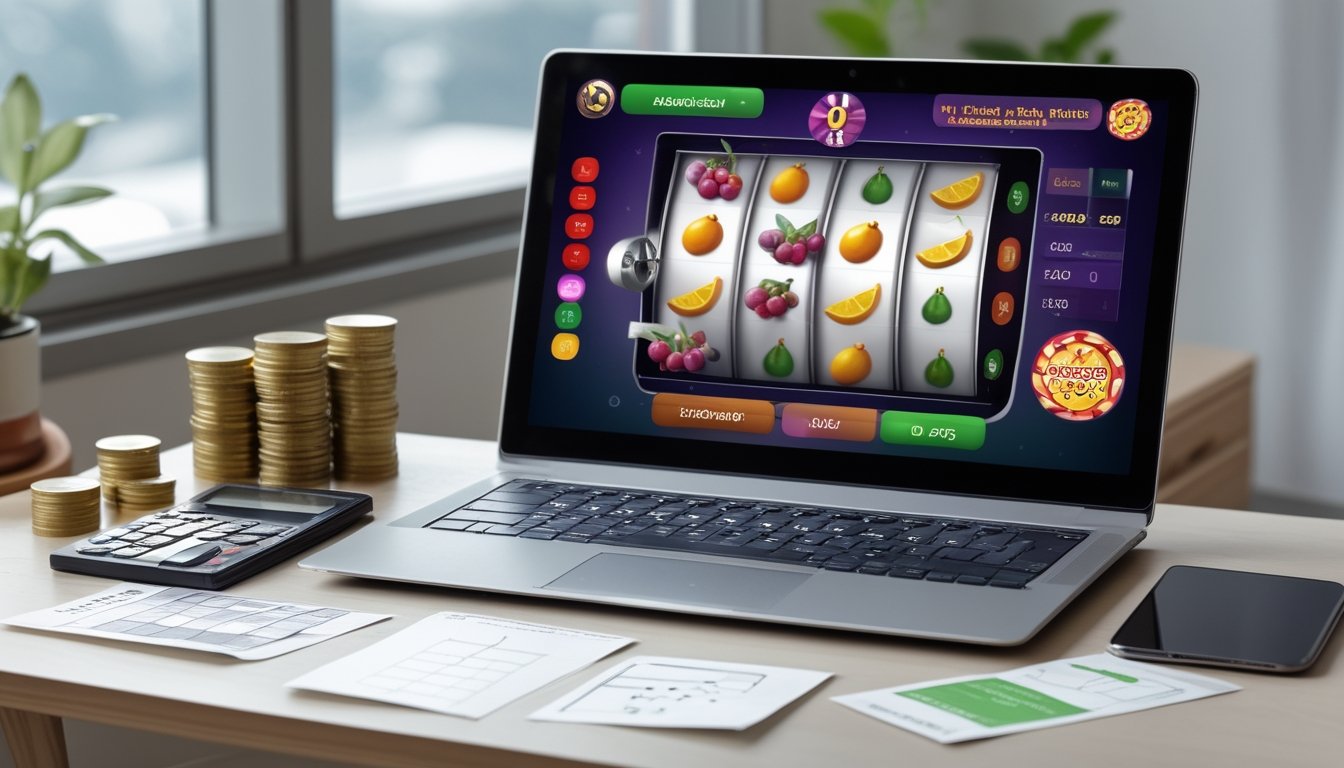 Meja modern dengan laptop menampilkan permainan bertema buah, ponsel, kalkulator, catatan kosong, dan tumpukan koin yang tertata.