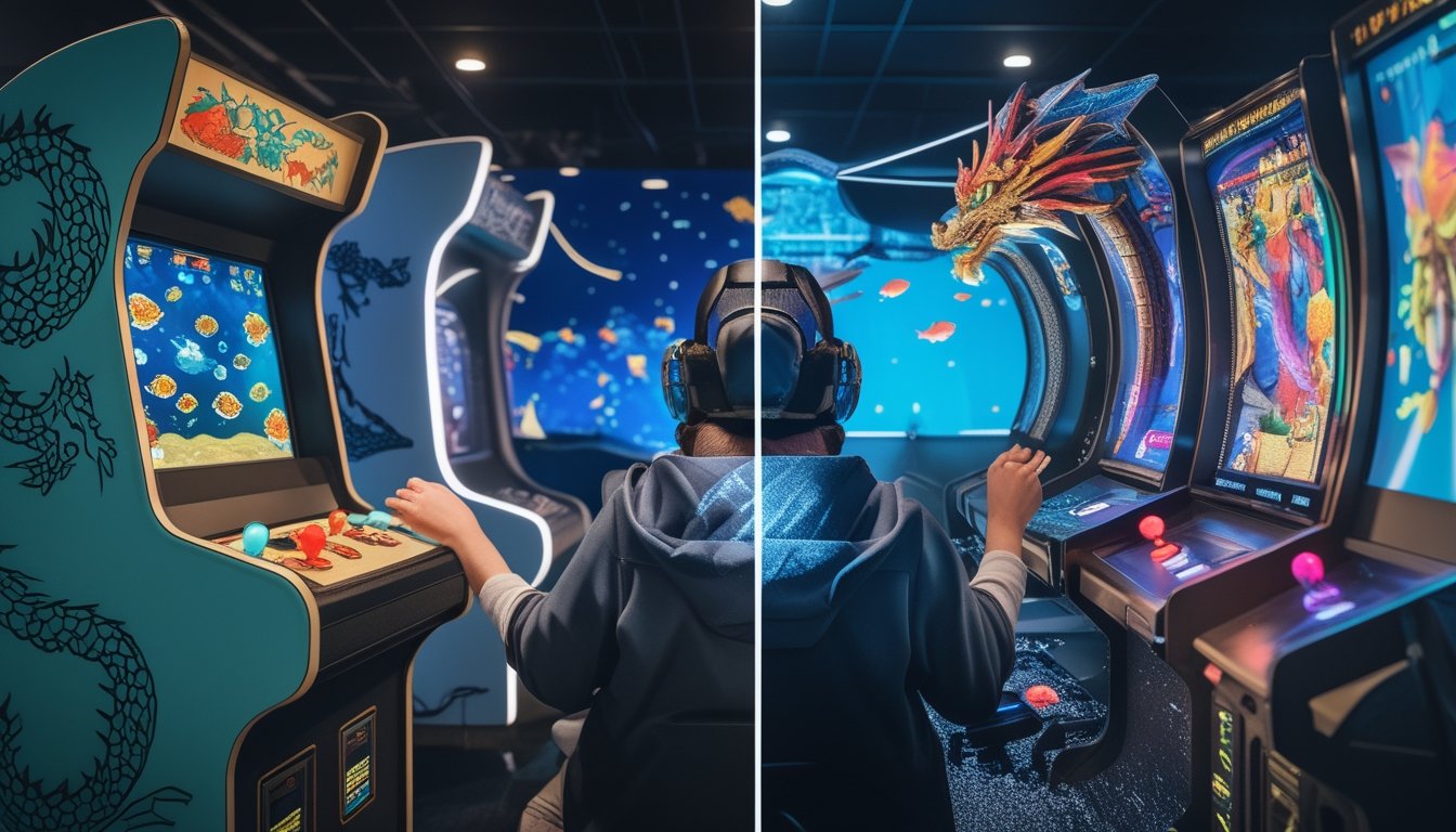 Perbandingan visual mesin permainan tembak ikan bertema naga versi lama dan versi futuristis dengan layar bawah laut.