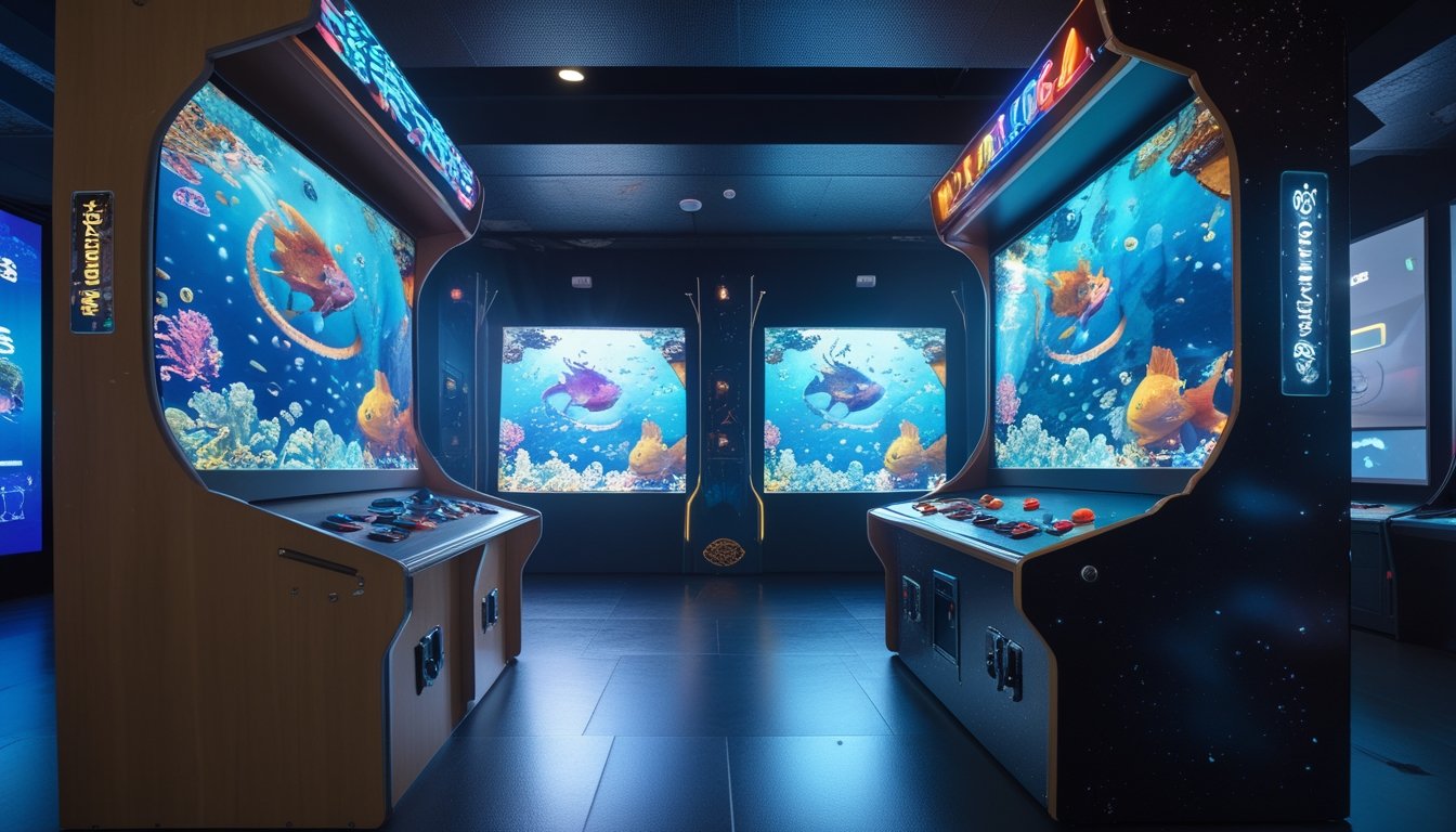 Dua mesin gim arcade bertema naga laut menampilkan perbedaan desain dan visual antara versi lama dan versi 2026.