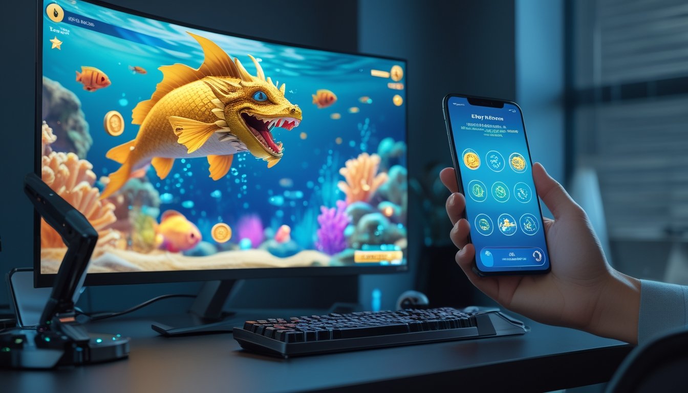 Monitor menampilkan permainan ikan naga di bawah laut, dengan ponsel dan ikon hadiah di atas meja.