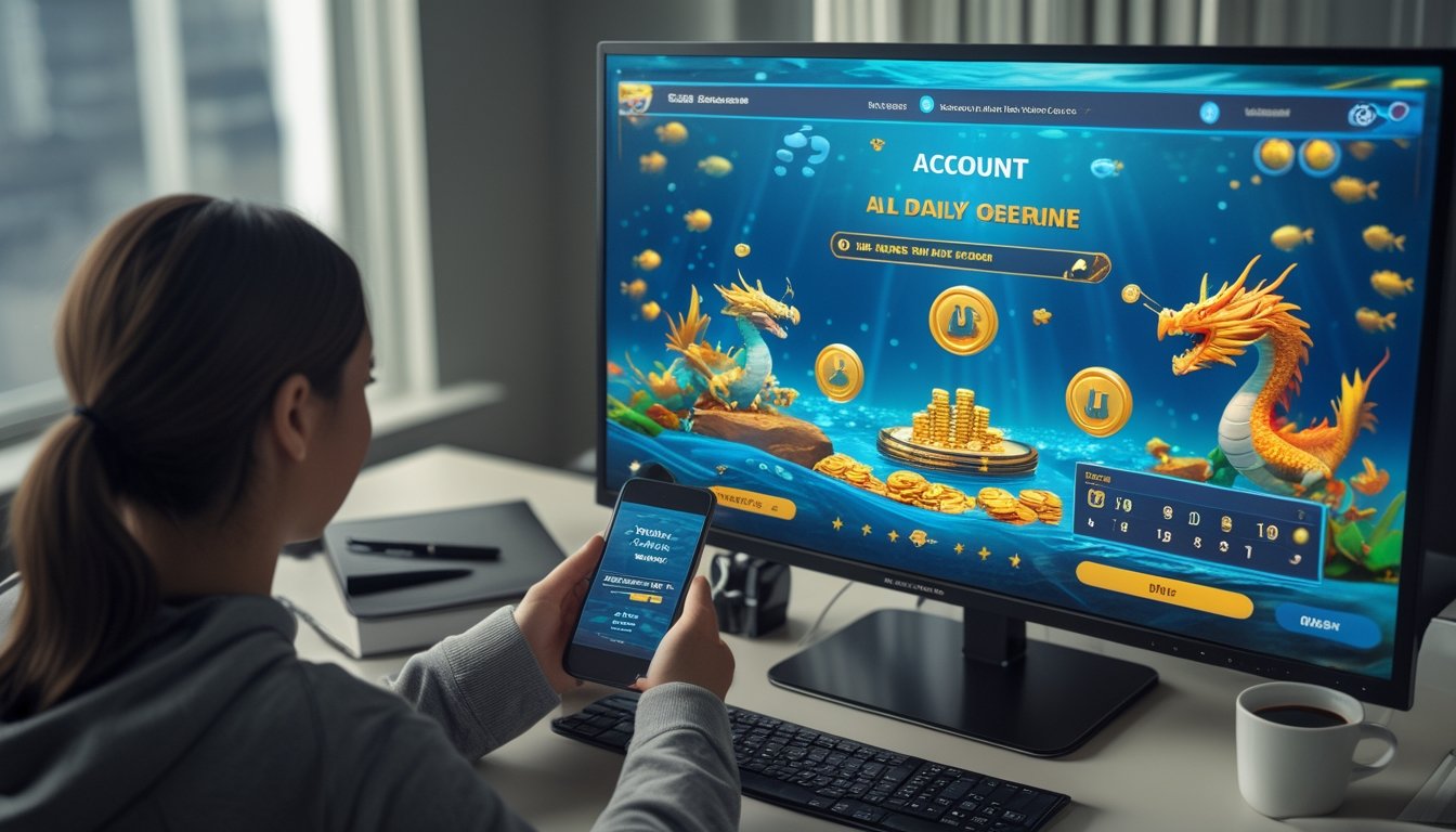 Seseorang menyiapkan akun permainan di meja kerja dengan laptop dan ponsel, menampilkan permainan naga dan ikan bawah laut.