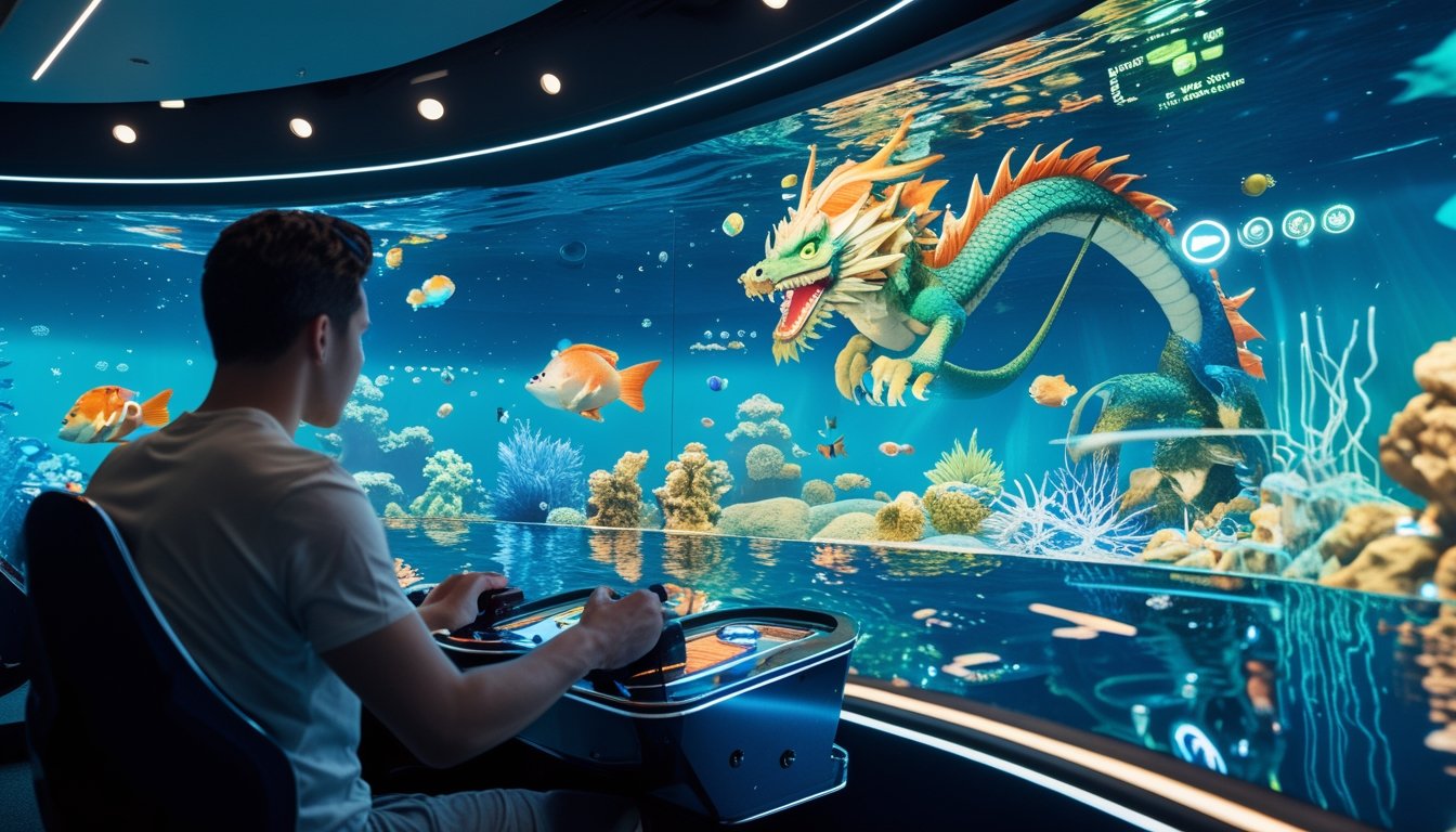 Seorang pemain mengoperasikan mesin permainan tembak ikan bertema naga di lingkungan arcade modern.