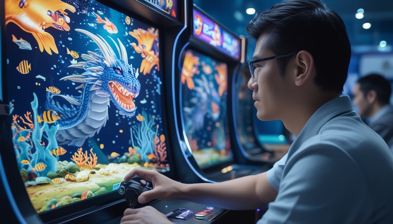Seorang pemain menatap permainan arcade bertema naga laut dengan fokus sambil mengarahkan alat kontrol.
