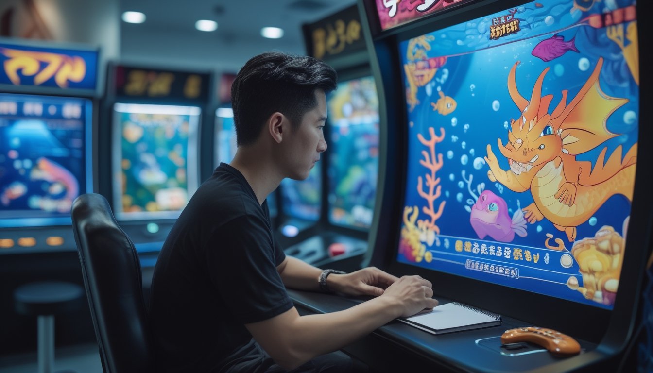Seorang pemain menganalisis permainan tembak ikan naga dengan tenang di depan mesin arcade.