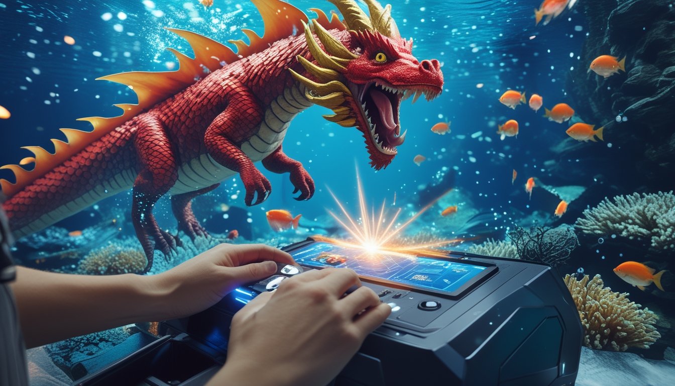 Pemain mengarahkan meriam energi ke naga merah di dalam permainan menembak ikan bawah laut.
