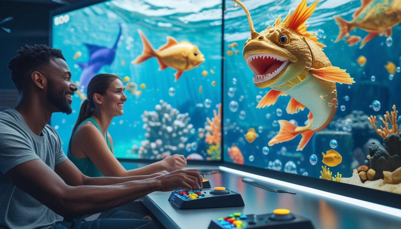 Dua pemain menikmati permainan memancing ikan fantasi secara bersama di ruang permainan modern.