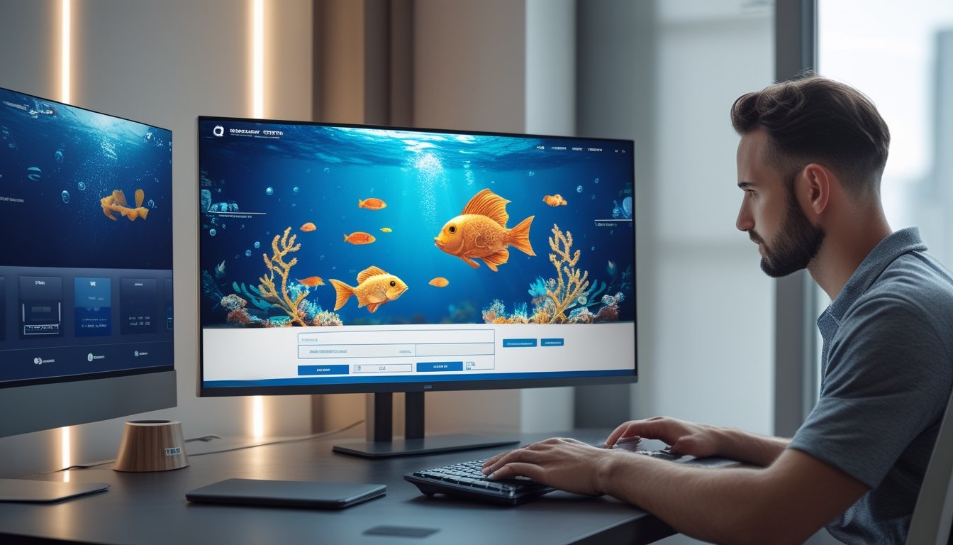 Tangan pengguna membuat akun permainan tembak ikan di meja dengan monitor yang menampilkan suasana bawah laut dan ikan naga bercahaya.