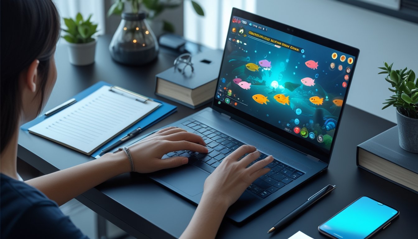 Seseorang menyiapkan pembuatan akun game di meja dengan laptop, ponsel, buku catatan, dan ikon gembok.