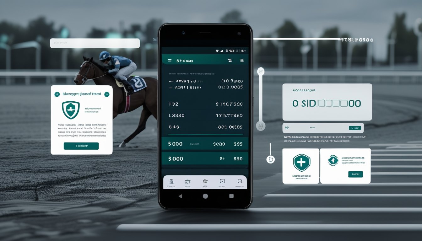 Ponsel Android menampilkan aplikasi balap kuda dengan simbol keamanan di depan lintasan pacuan.