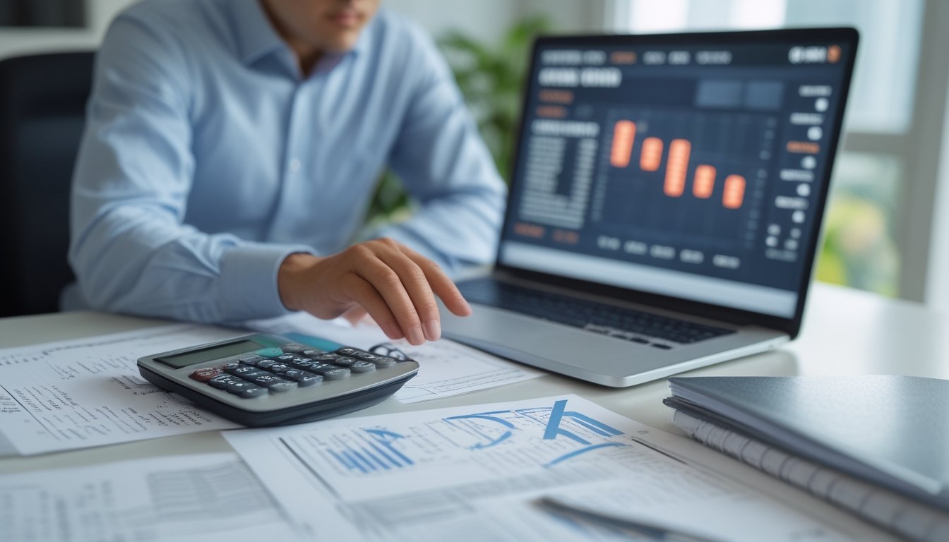 Orang dewasa meninjau catatan keuangan dan perhitungan peluang di meja kerja dengan laptop dan kalkulator.
