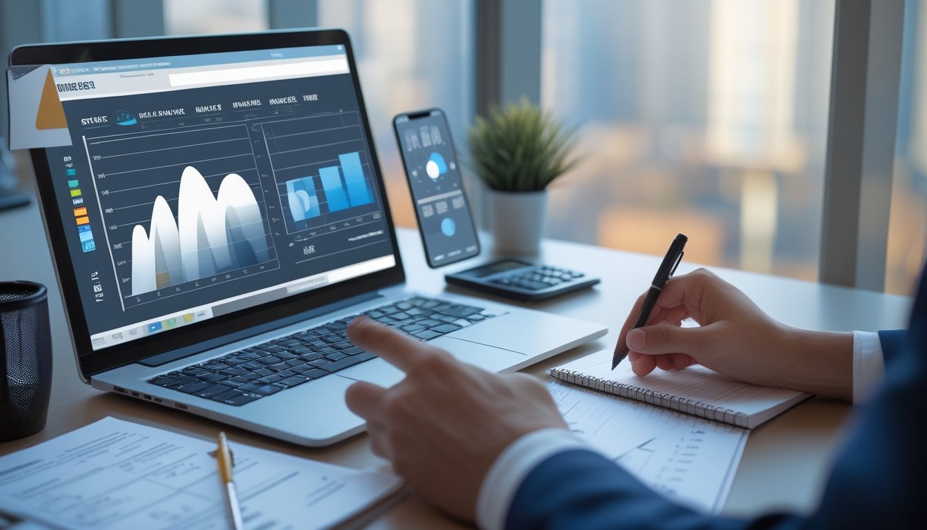 Seorang analis membandingkan informasi pada laptop dan ponsel di meja kerja modern.