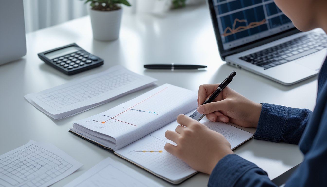 Seorang pemula mempelajari pola angka dan diagram geometris di meja kerja dengan kalkulator dan laptop.