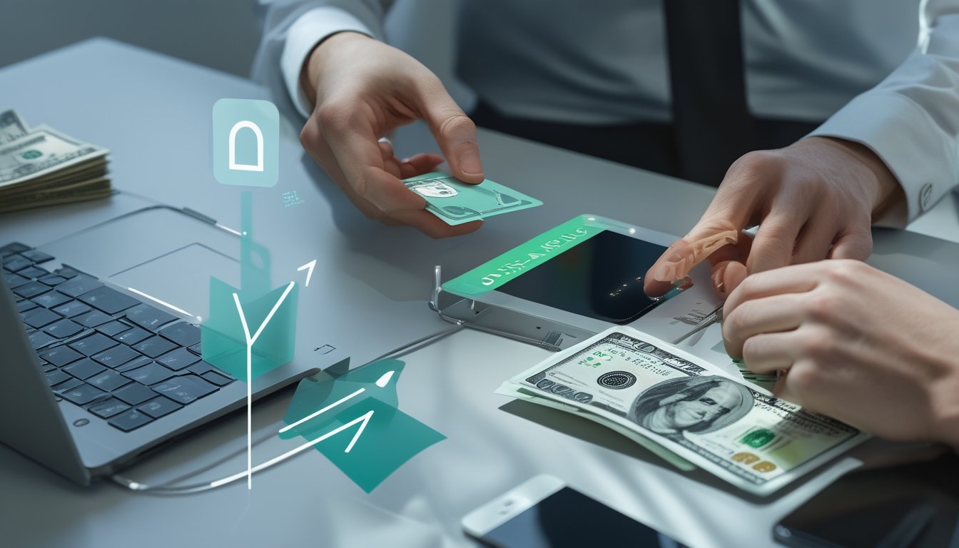 Tangan seseorang melakukan transaksi keuangan digital menggunakan ponsel, laptop, kartu debit, dan uang tunai.