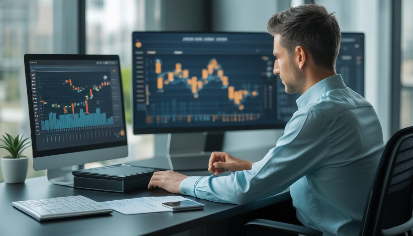 Seorang analis mempelajari grafik statistik abstrak di laptop dan monitor dalam ruang kerja modern.