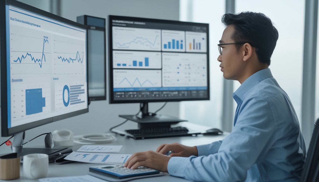 Analis memeriksa grafik statistik dan rentang prediksi di ruang kerja modern.